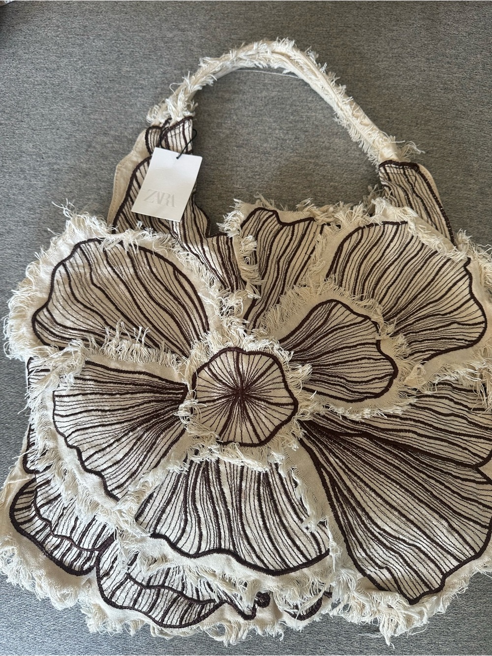 Zara NWT Embroidered Flower Fringe Canvas Tote Bag XL Linen Boho Summer - Picture 4 of 9